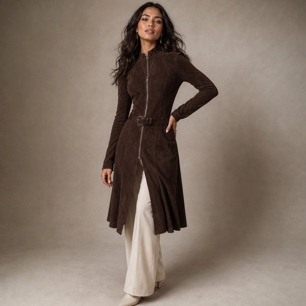 Bathsheba | Suede-Look Midi Wedding Guest Dress Brown Brown – Side Angle View