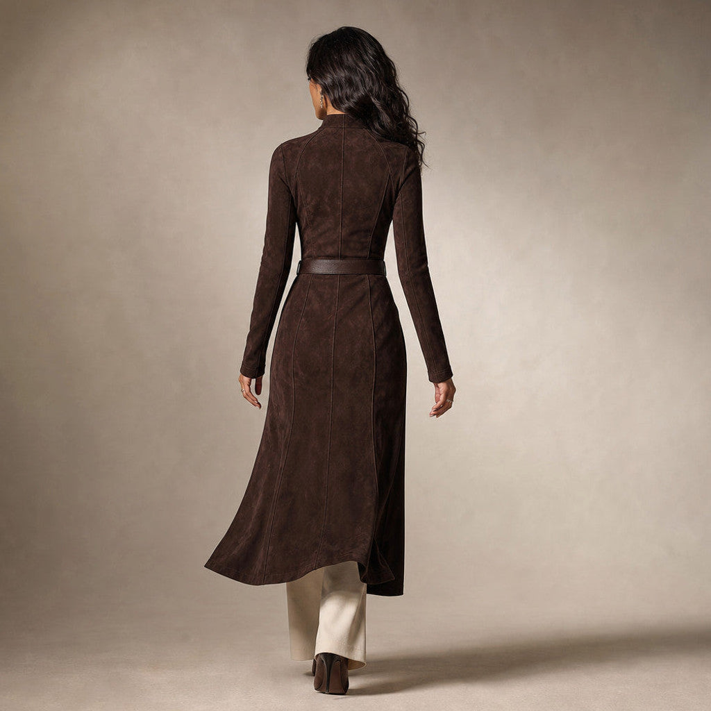 Bathsheba | Suede-Look Midi Wedding Guest Dress Brown Brown – Full Look