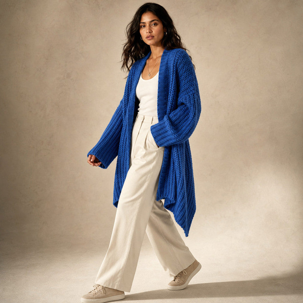 Bertrade | Knit Cardigan Open Front Split Hem Blue Blue – Side Angle View