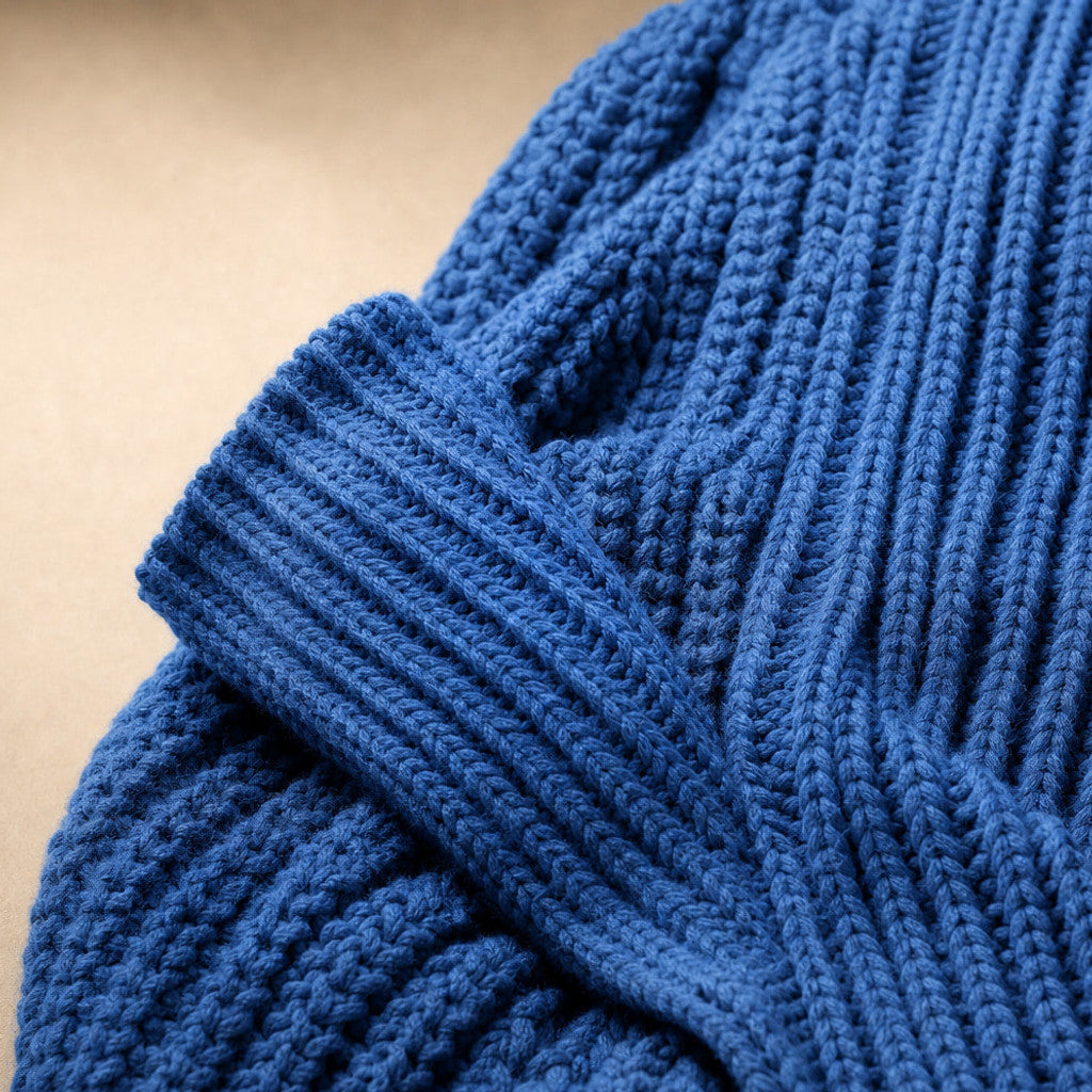 Bertrade | Knit Cardigan Open Front Split Hem Blue Blue – Fabric and Detail Close-Up