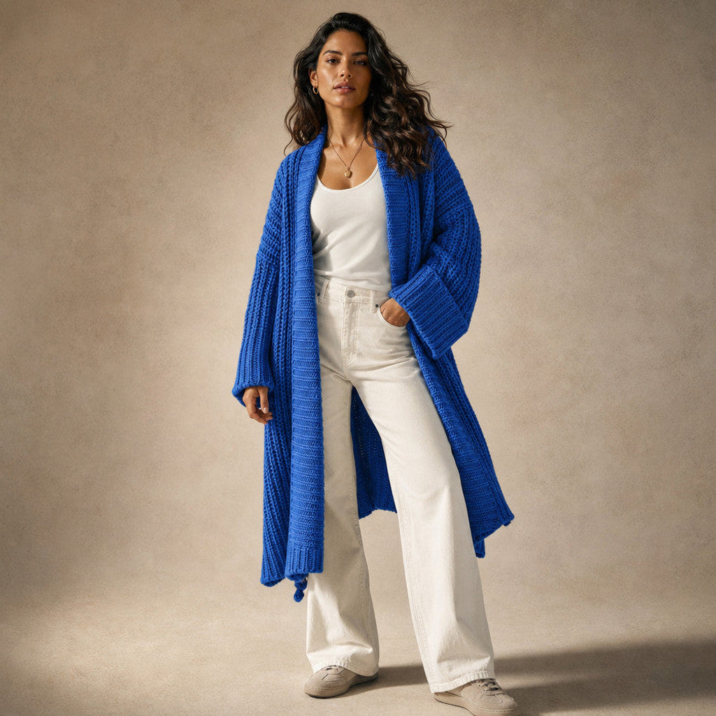 Bertrade | Knit Cardigan Open Front Split Hem Blue Blue – Full Look