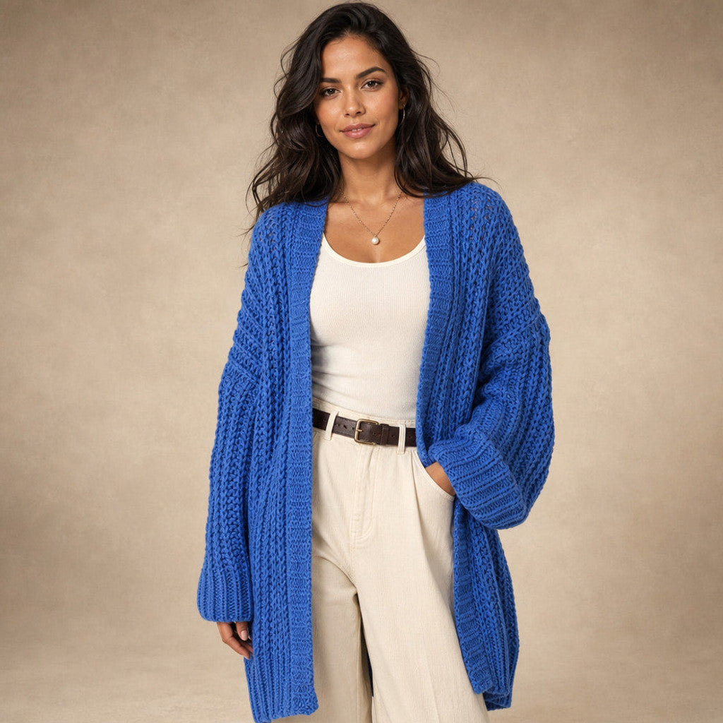 Bertrade | Knit Cardigan Open Front Split Hem Blue in Blue – Premium Editorial