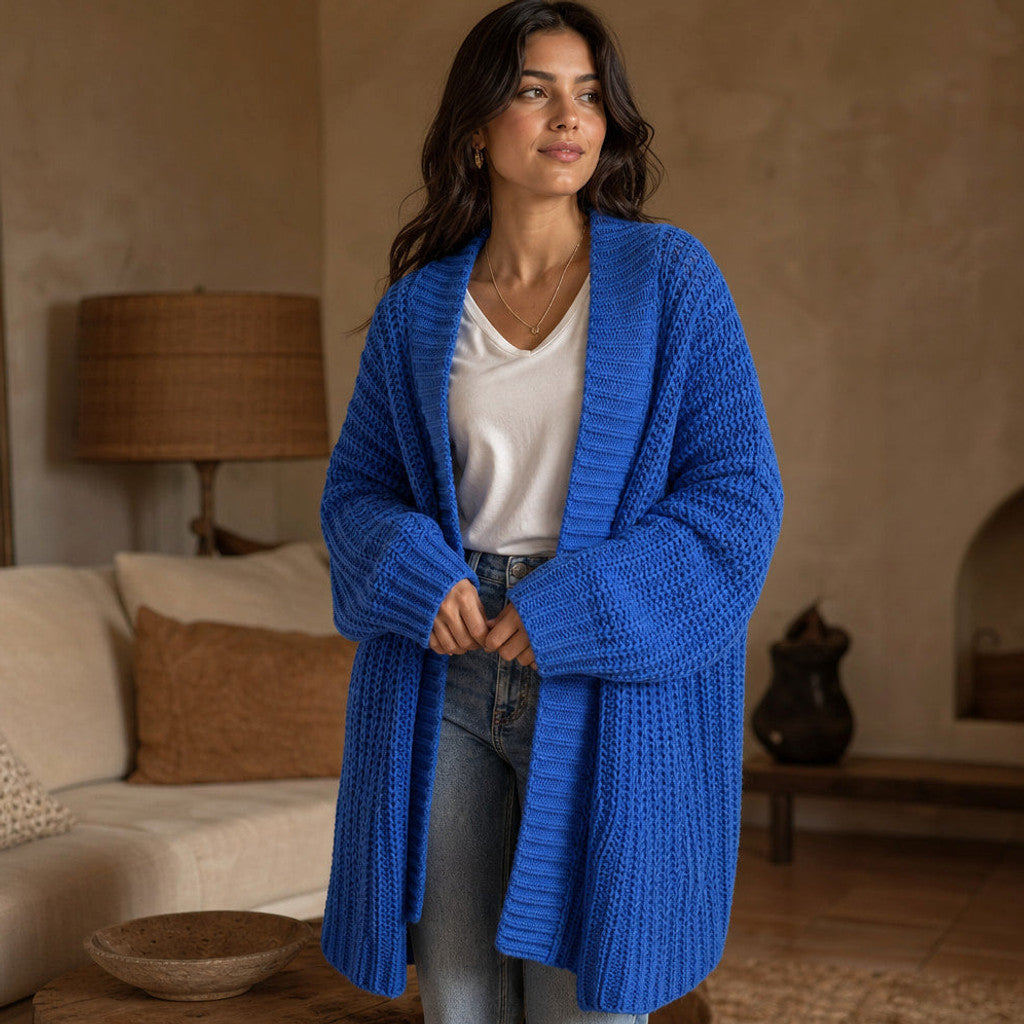 Bertrade | Knit Cardigan Open Front Split Hem Blue Blue – Styled Editorial Shot