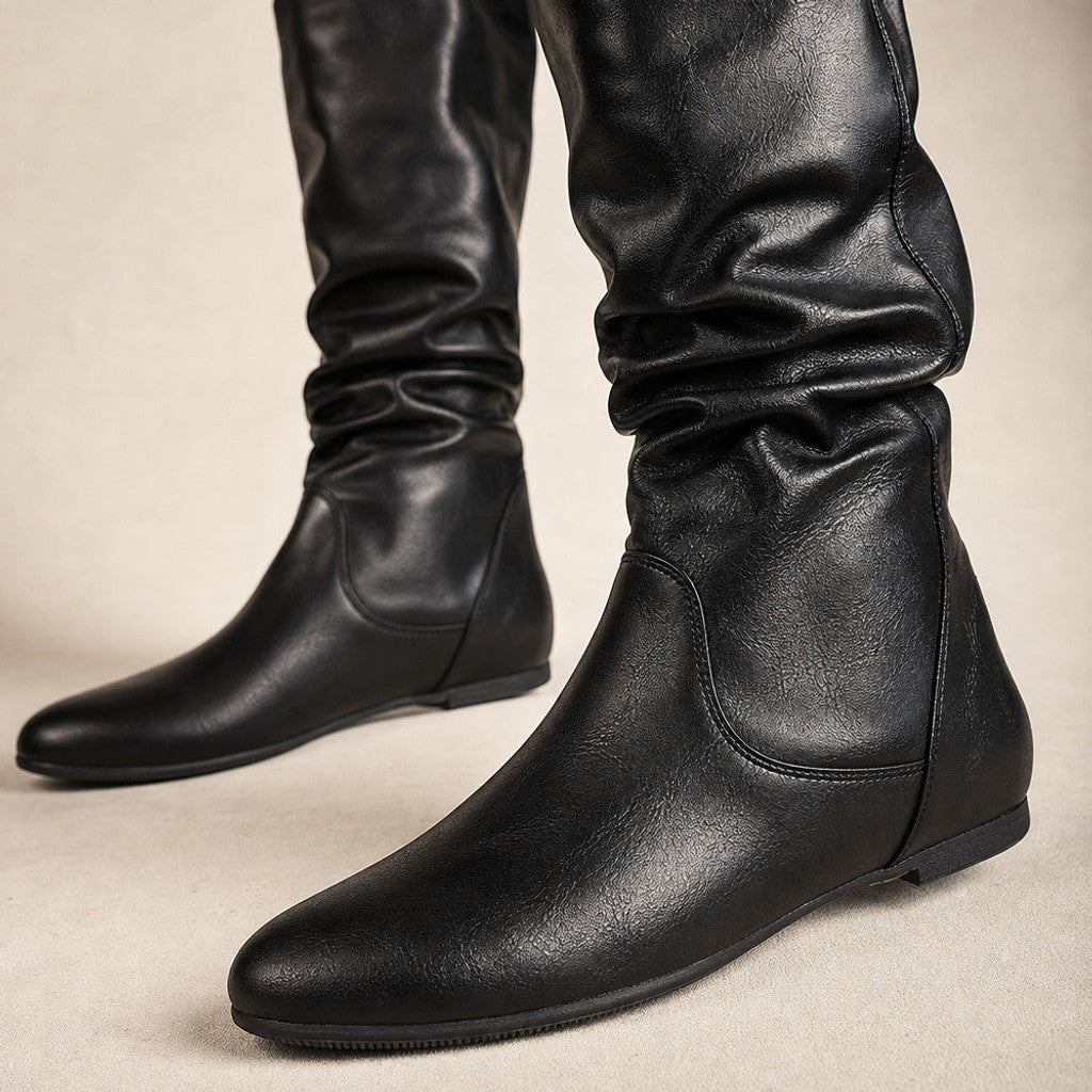 Bettany | Knee High Boots Flat Sole Gathered Shaft Black – Fabric and Detail Close-Up