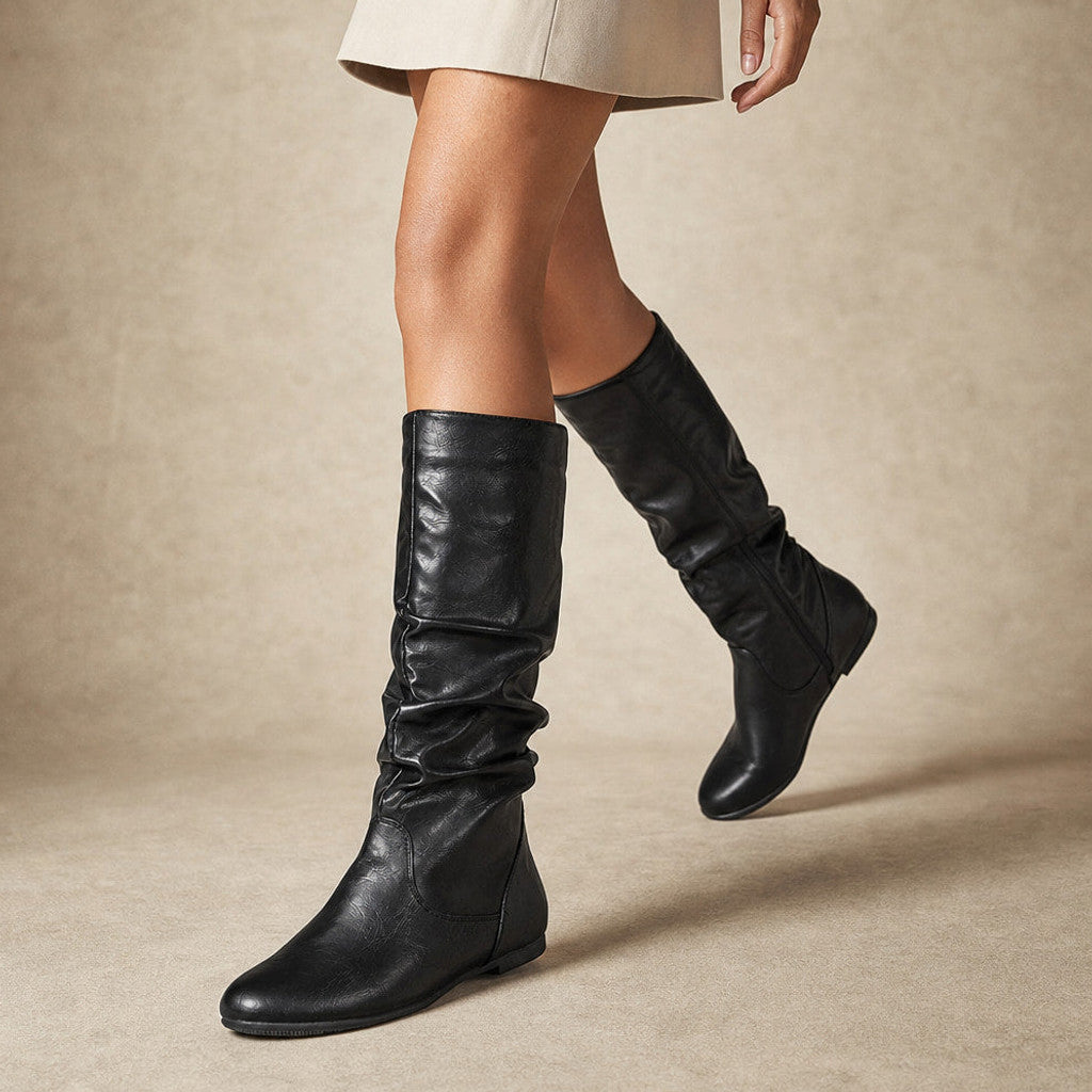 Bettany | Knee High Boots Flat Sole Gathered Shaft Black – Product Photo