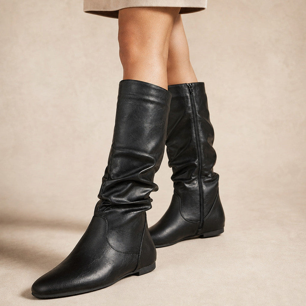 Bettany | Knee High Boots Flat Sole Gathered Shaft in Black – Premium Editorial
