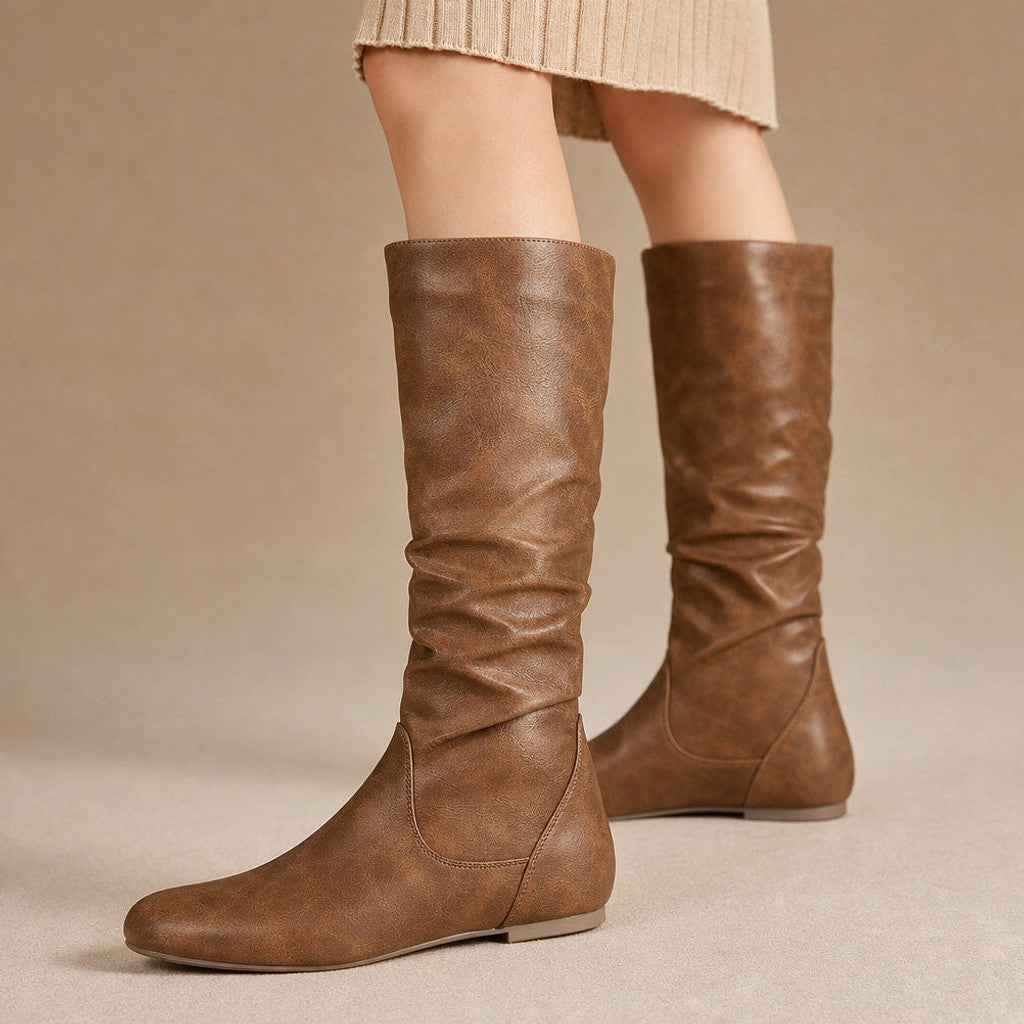 Bettany | Knee High Boots Flat Sole Gathered Shaft Light Brown – Product Photo