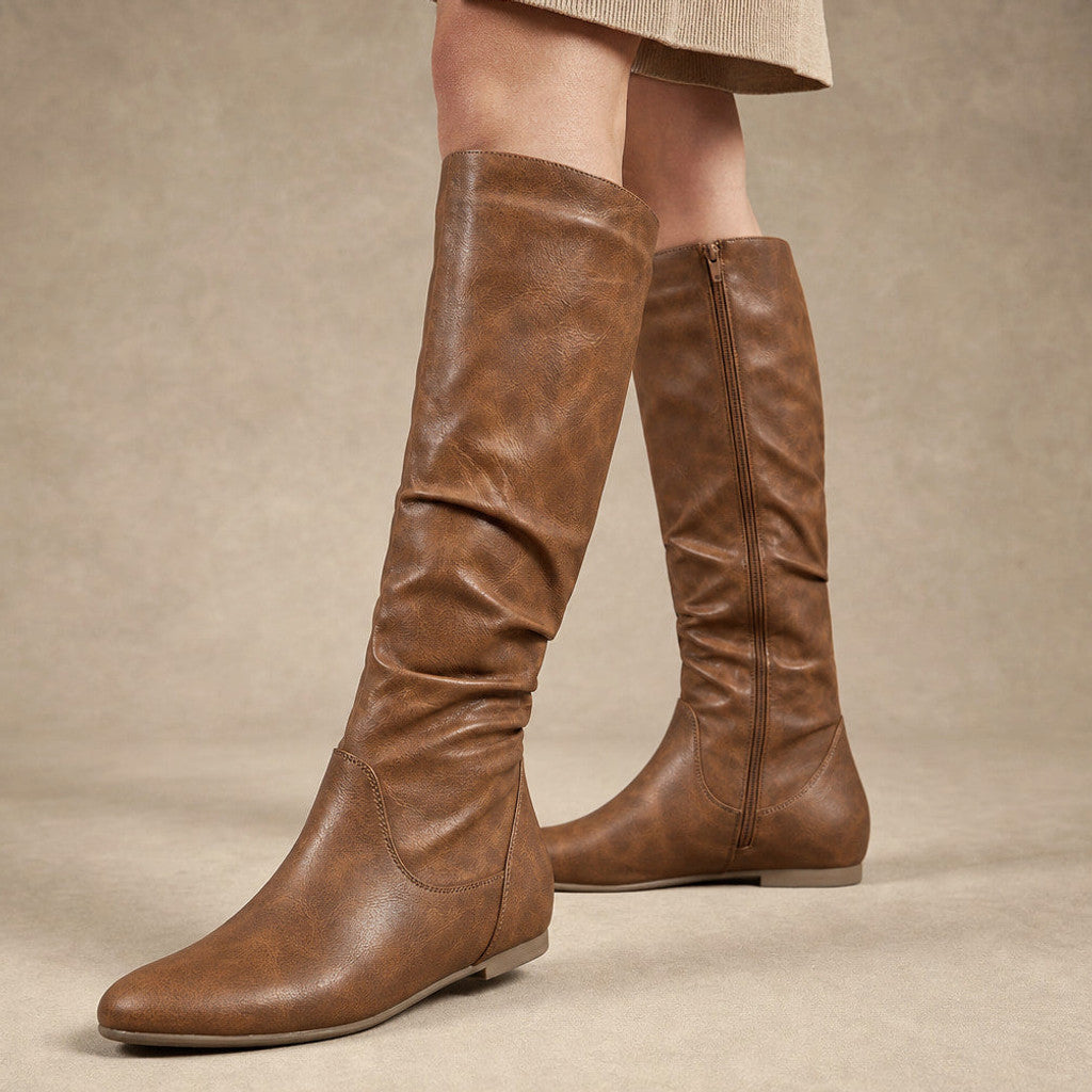 Bettany | Knee High Boots Flat Sole Gathered Shaft in Light Brown – Premium Editorial