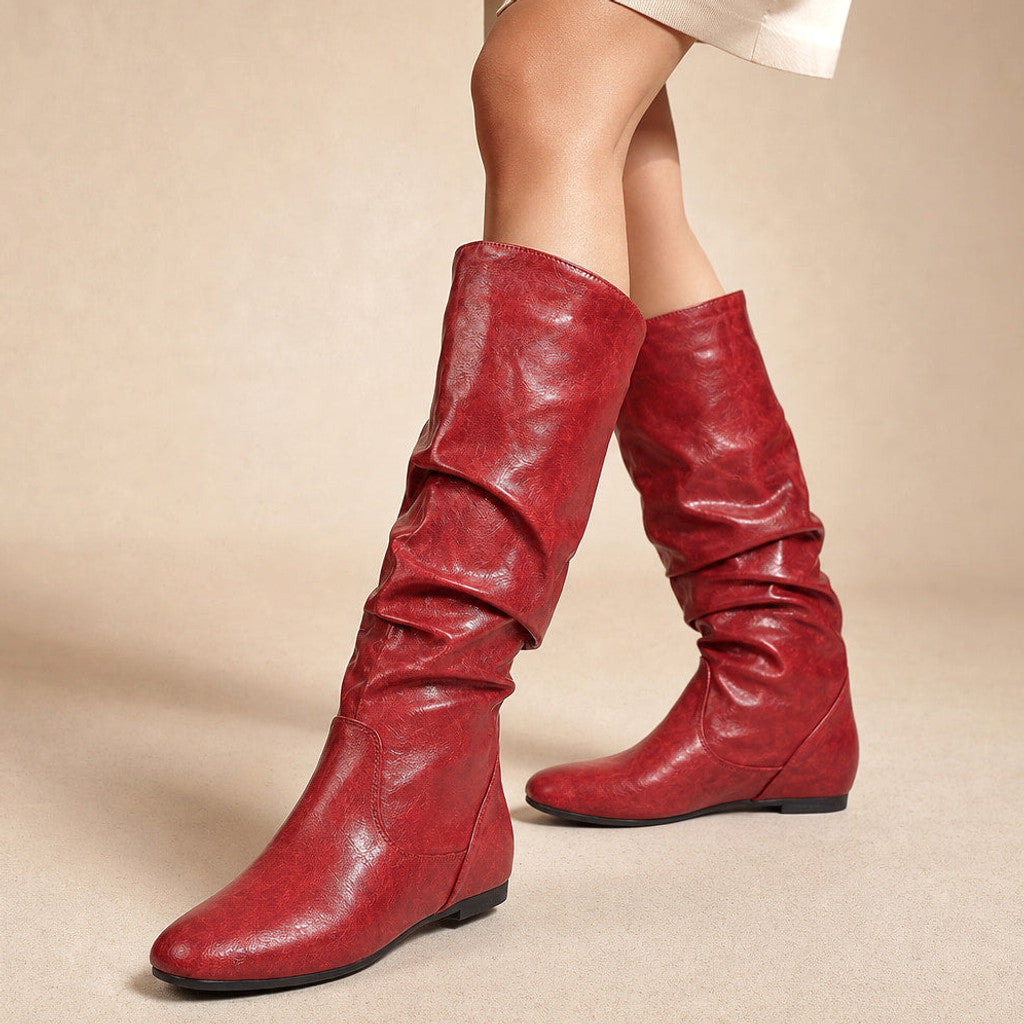 Bettany | Knee High Boots Flat Sole Gathered Shaft Red – Product Photo