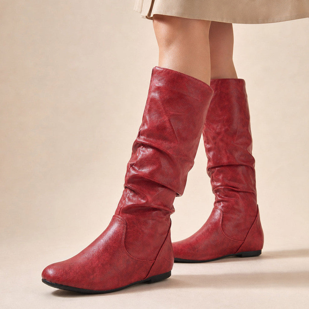 Bettany | Knee High Boots Flat Sole Gathered Shaft in Red – Premium Editorial