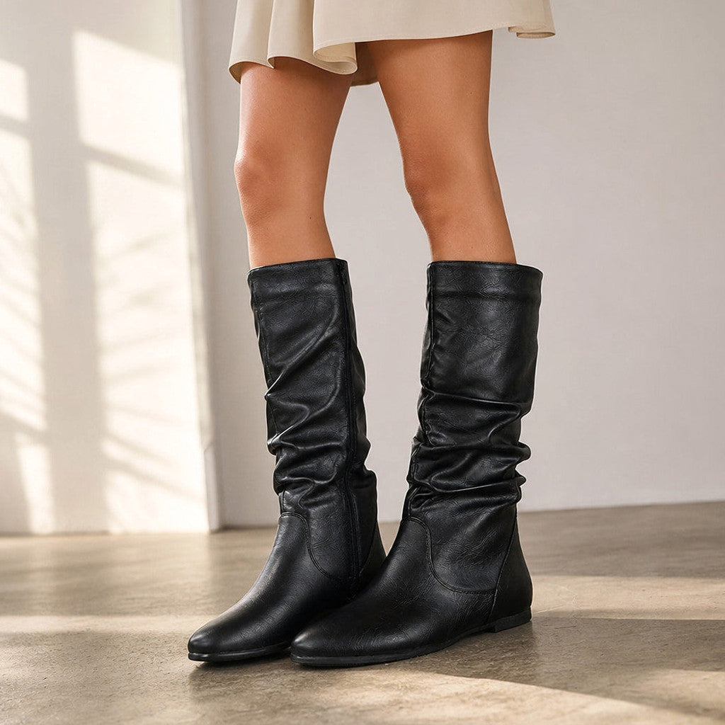 Bettany | Knee High Boots Flat Sole Gathered Shaft – Styled Editorial Shot