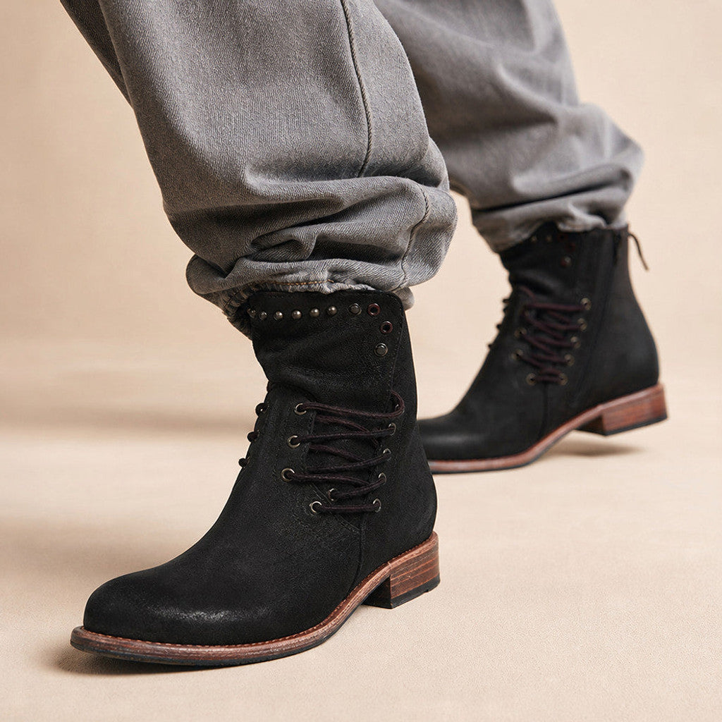 Branwen | Studded Ankle Boots Wraparound Lacing Black – Product Photo