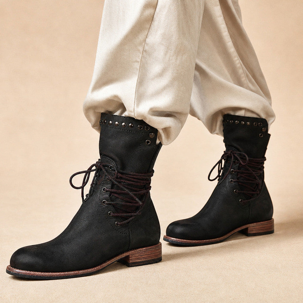 Branwen | Studded Ankle Boots Wraparound Lacing in Black – Premium Editorial