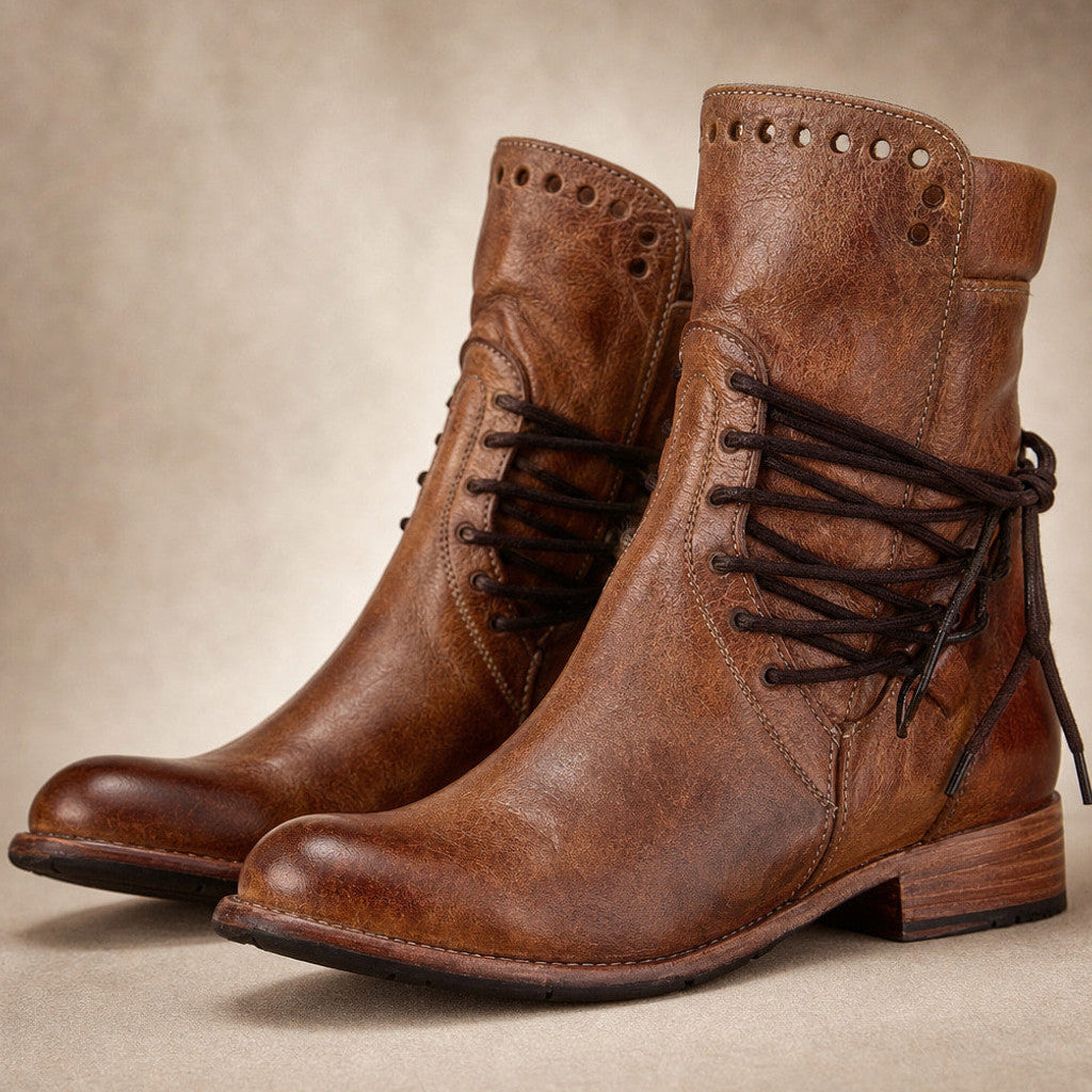 Branwen | Studded Ankle Boots Wraparound Lacing Brown – Fabric and Detail Close-Up