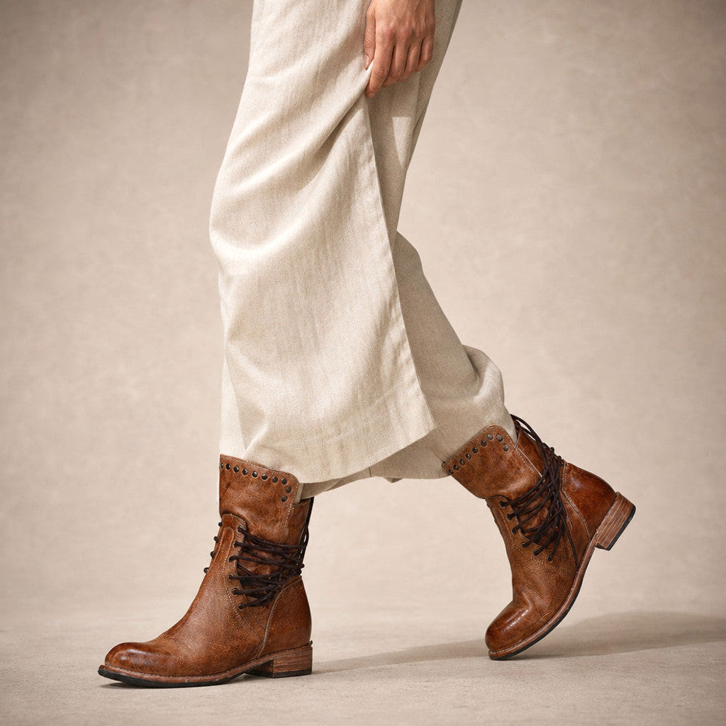 Branwen | Studded Ankle Boots Wraparound Lacing Brown – Product Photo
