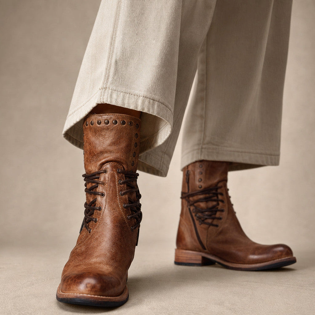 Branwen | Studded Ankle Boots Wraparound Lacing in Brown – Premium Editorial