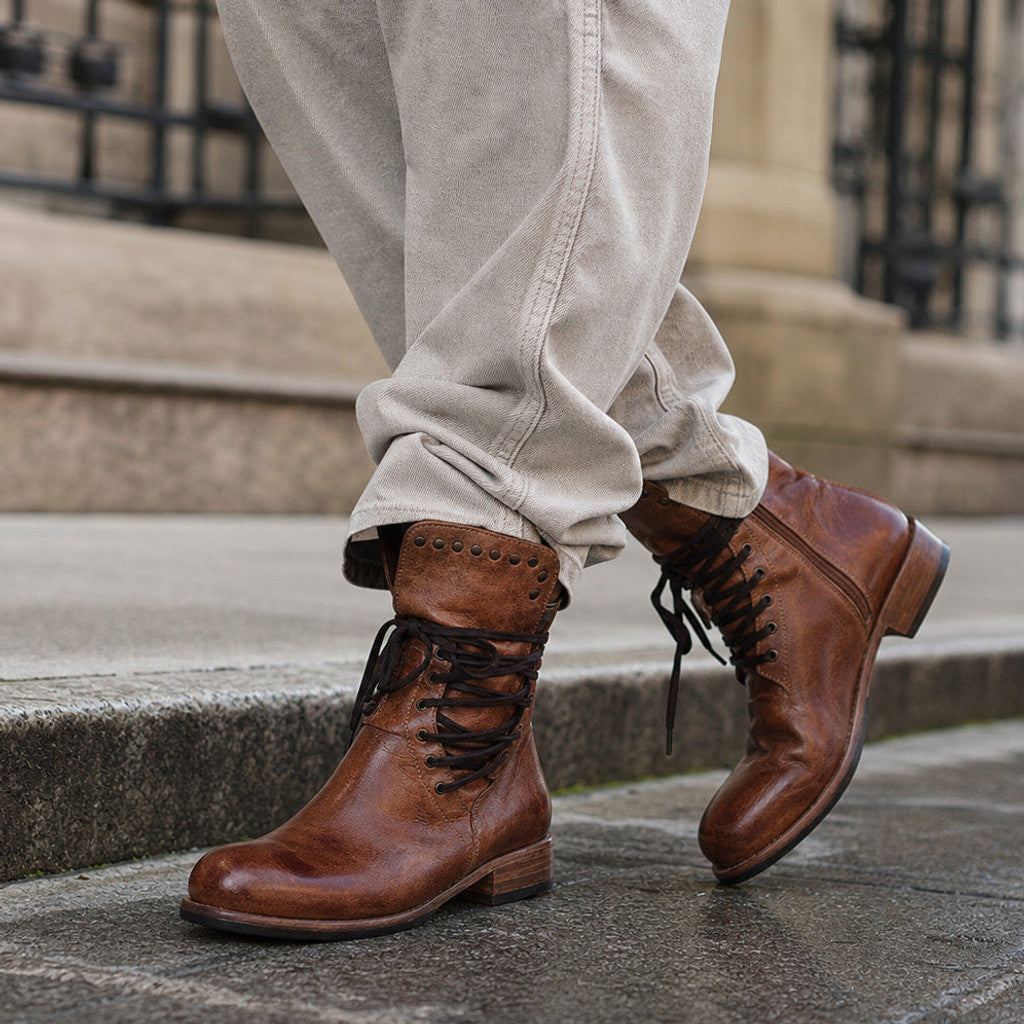 Branwen | Studded Ankle Boots Wraparound Lacing Brown – Styled Editorial Shot