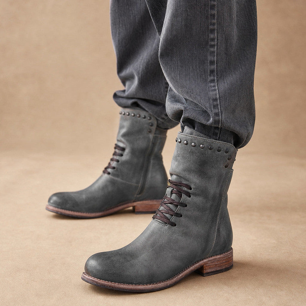 Branwen | Studded Ankle Boots Wraparound Lacing Grey – Product Photo
