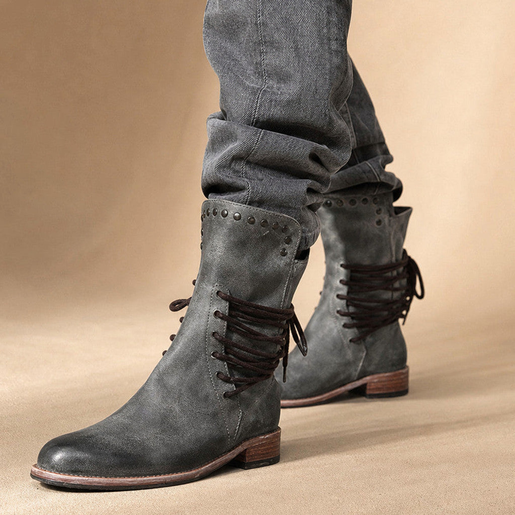 Branwen | Studded Ankle Boots Wraparound Lacing in Grey – Premium Editorial