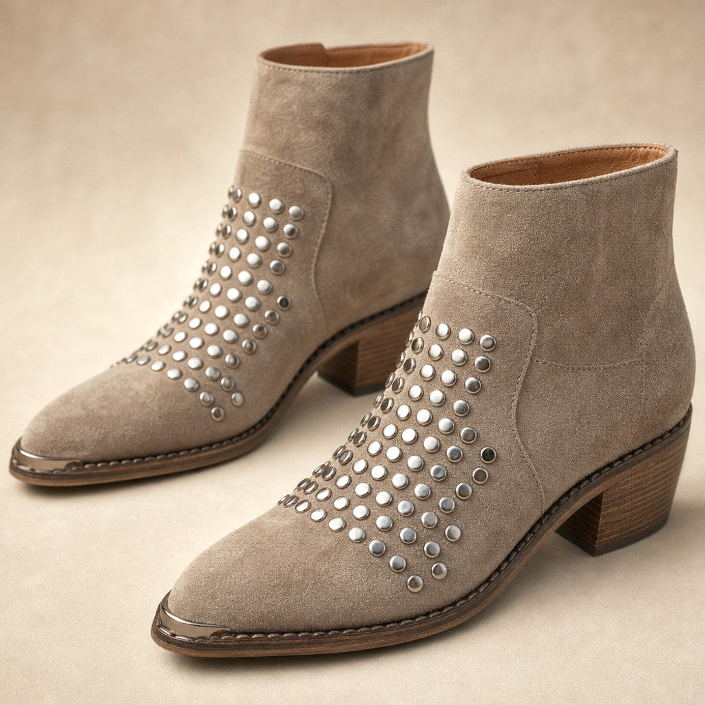 Bridget | Studded Suede Ankle Boots Block Heel – Fabric and Detail Close-Up