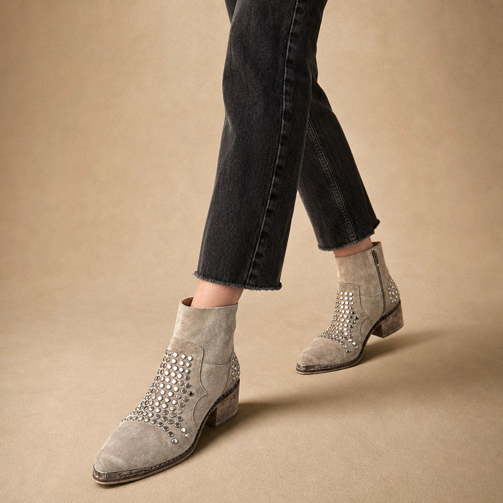 Bridget | Studded Suede Ankle Boots Block Heel – Product Photo