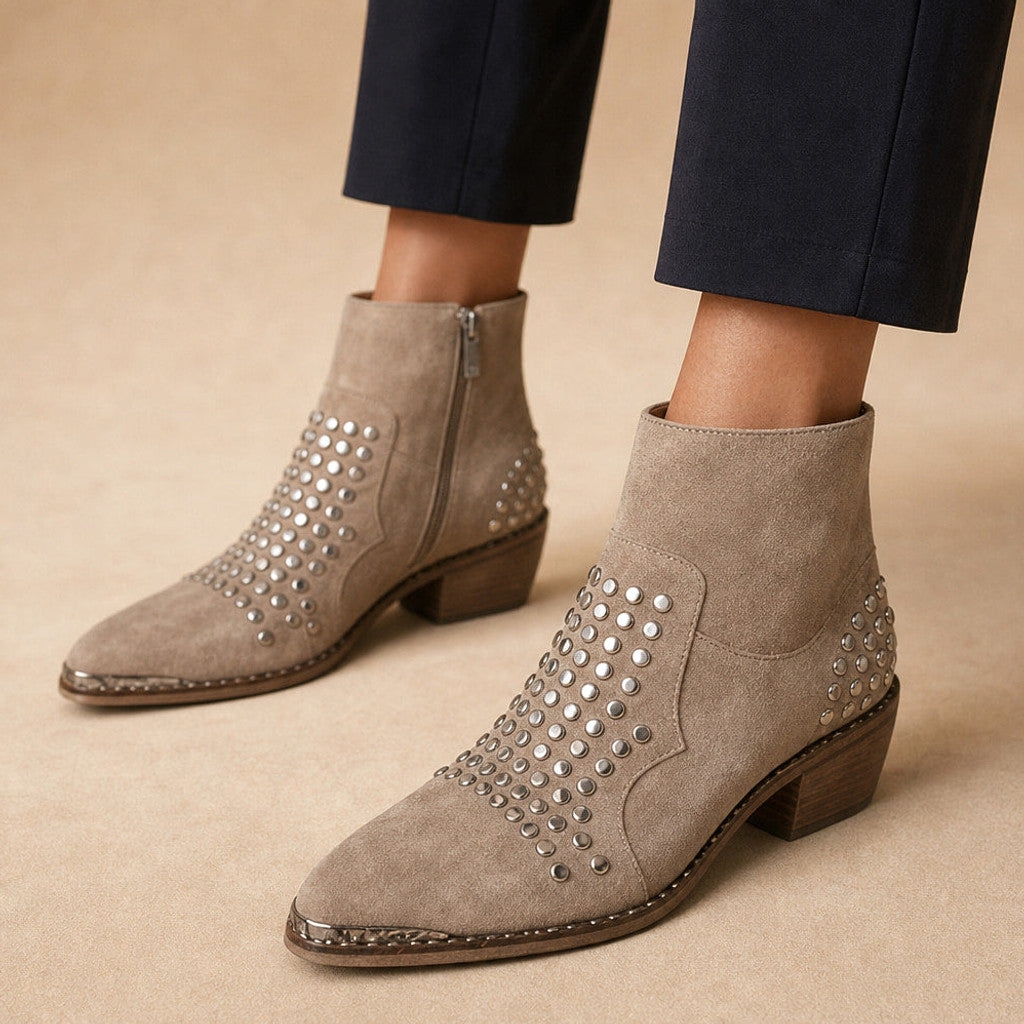 Bridget | Studded Suede Ankle Boots Block Heel – Premium Editorial