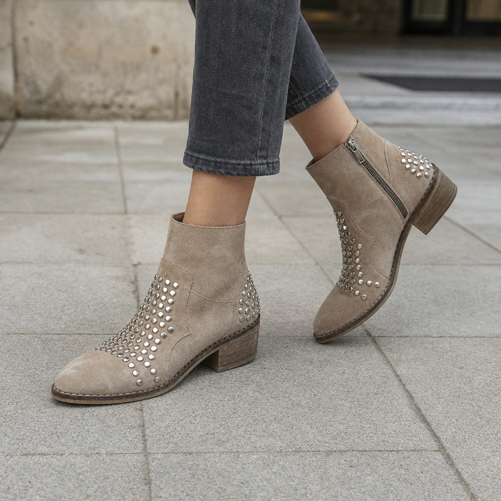 Bridget | Studded Suede Ankle Boots Block Heel – Styled Editorial Shot