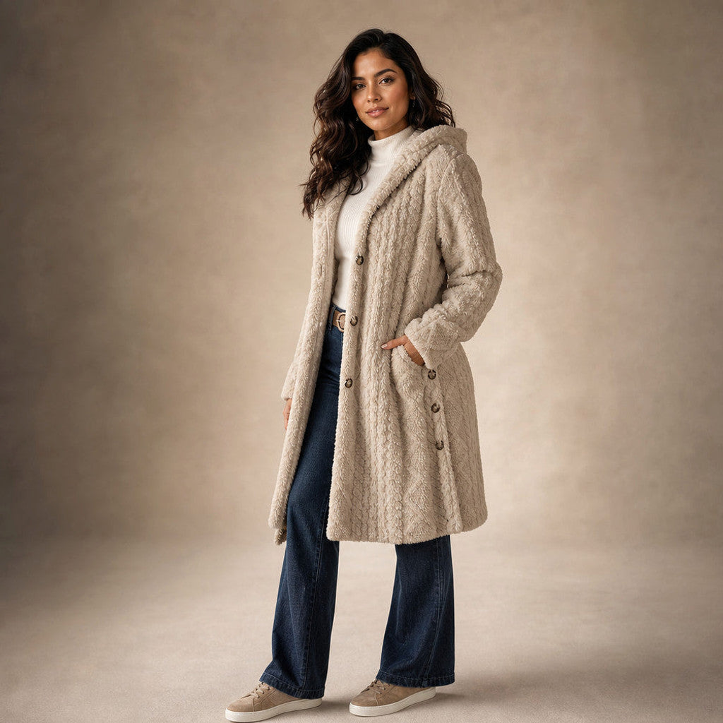 Bronwen | Hooded Teddy Coat Longline Beige – Side Angle View