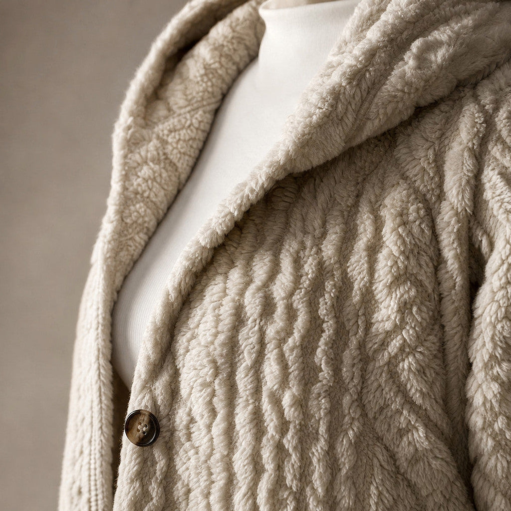Bronwen | Hooded Teddy Coat Longline Beige – Fabric and Detail Close-Up