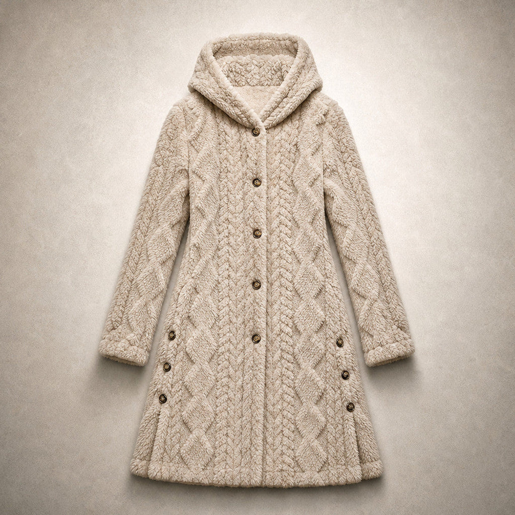 Bronwen | Hooded Teddy Coat Longline Beige – Flat Lay Product Photo