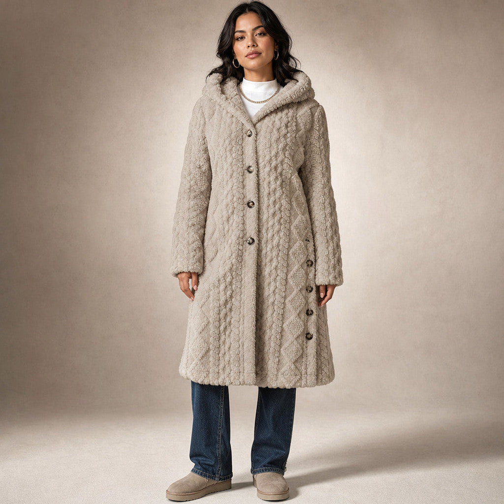 Bronwen | Hooded Teddy Coat Longline in Beige – Premium Editorial