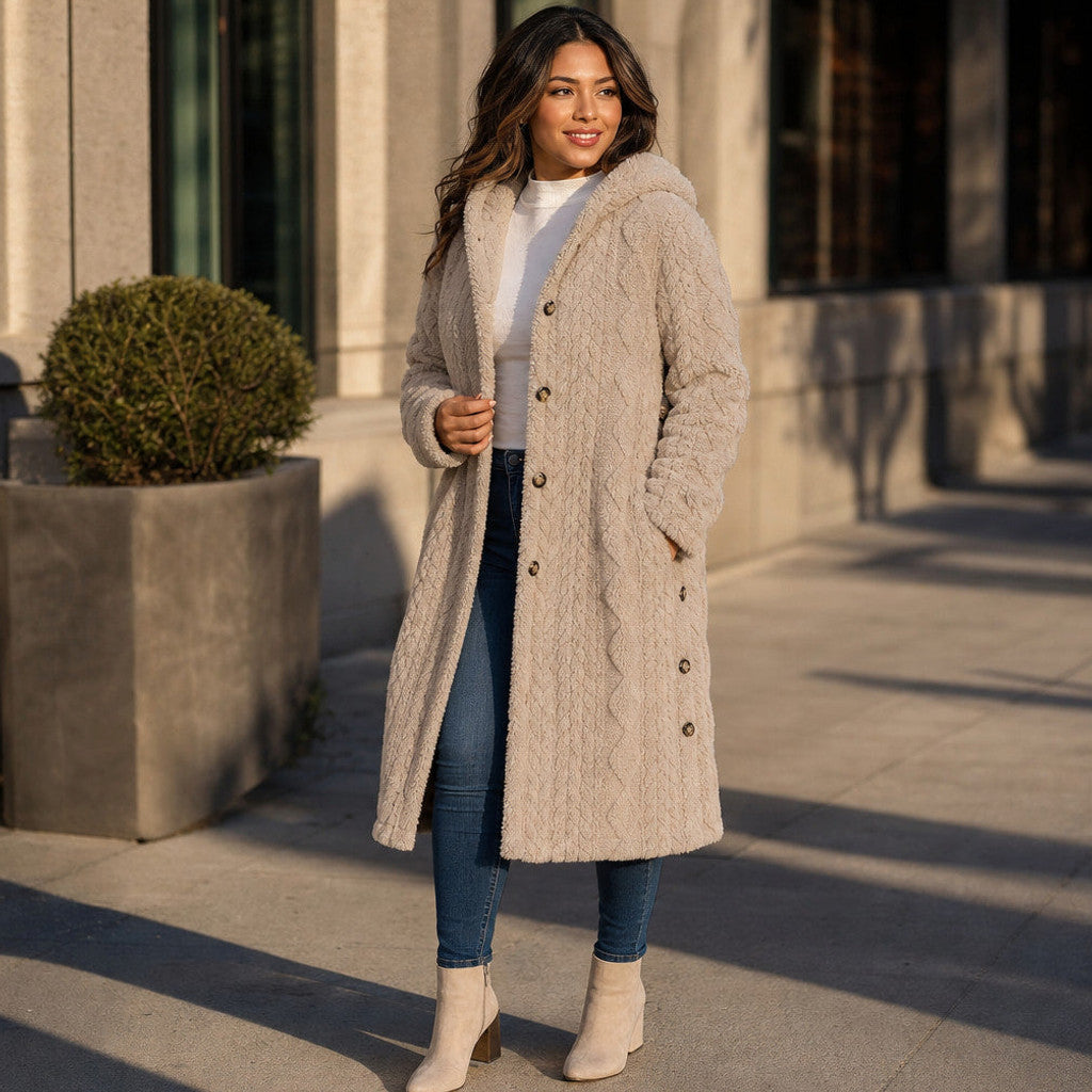Bronwen | Hooded Teddy Coat Longline Beige – Styled Editorial Shot