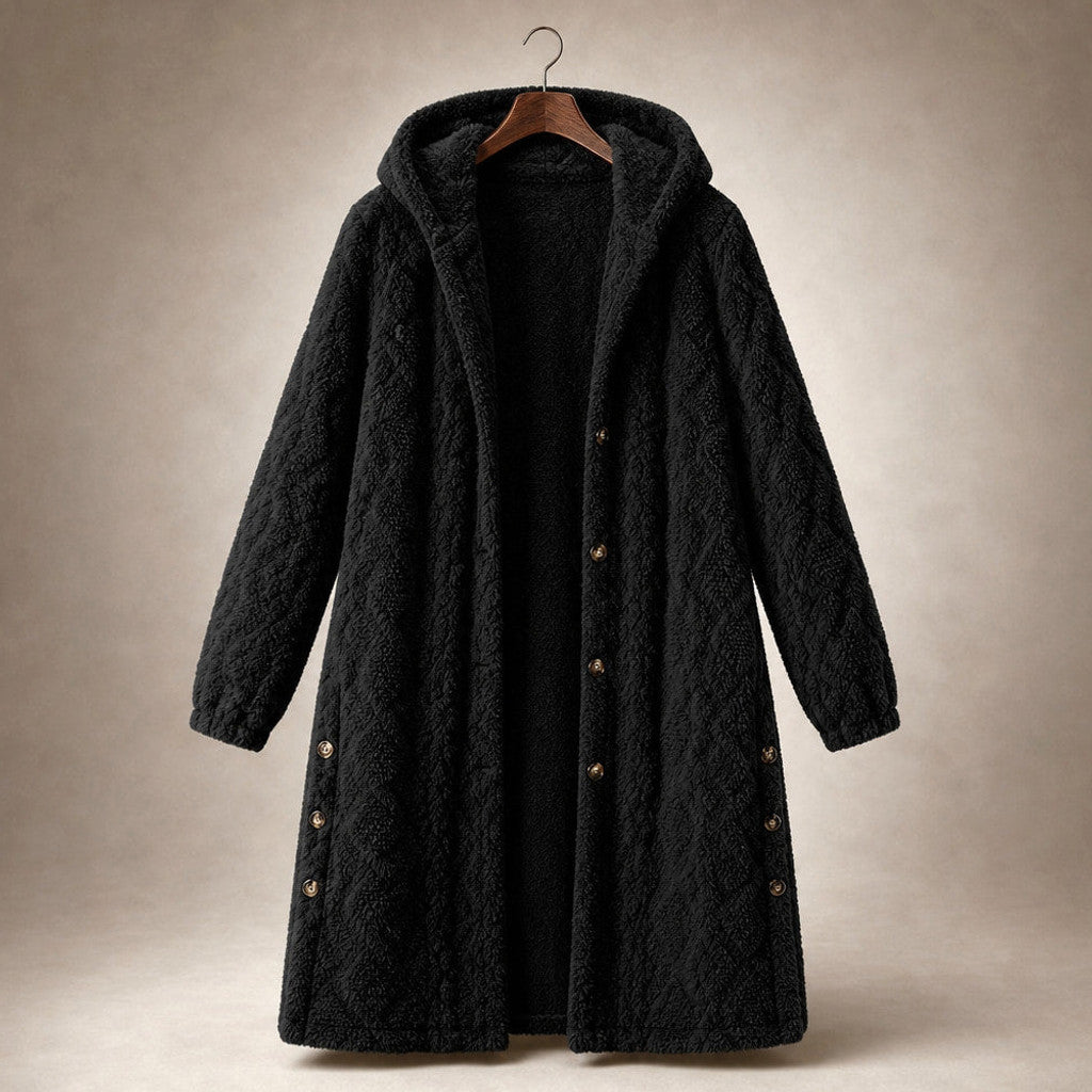 Bronwen | Hooded Teddy Coat Longline Black – Product Photo