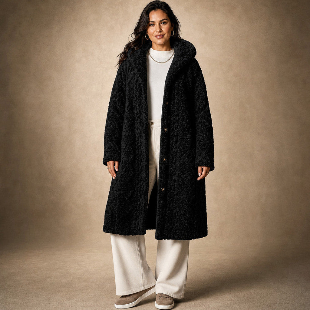 Bronwen | Hooded Teddy Coat Longline in Black – Premium Editorial