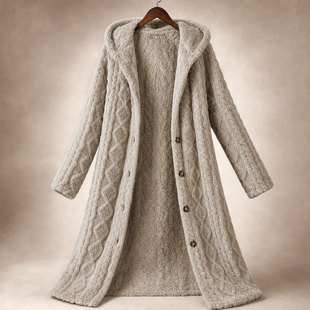 Bronwen | Hooded Teddy Coat Longline Khaki – Product Photo
