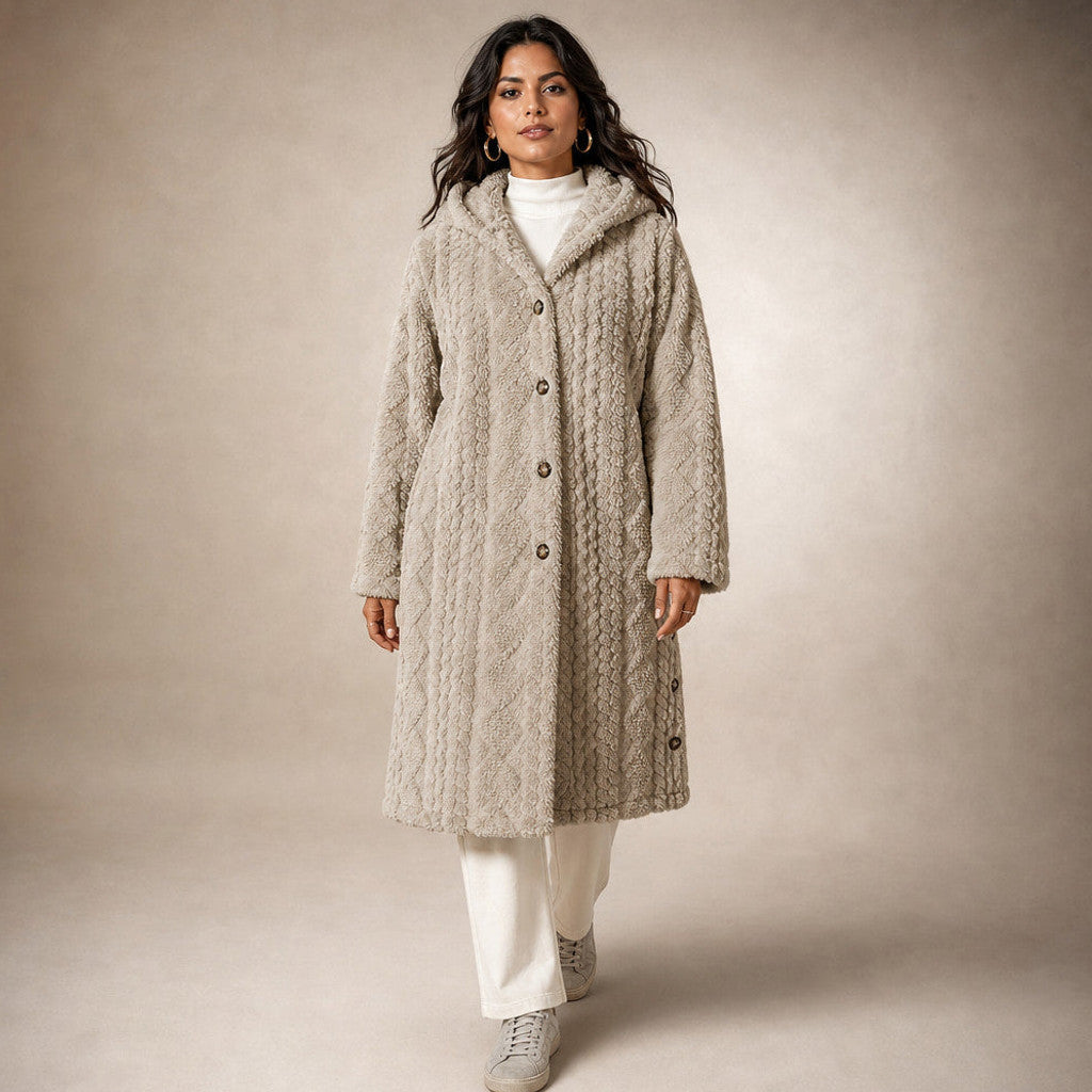 Bronwen | Hooded Teddy Coat Longline in Khaki – Premium Editorial