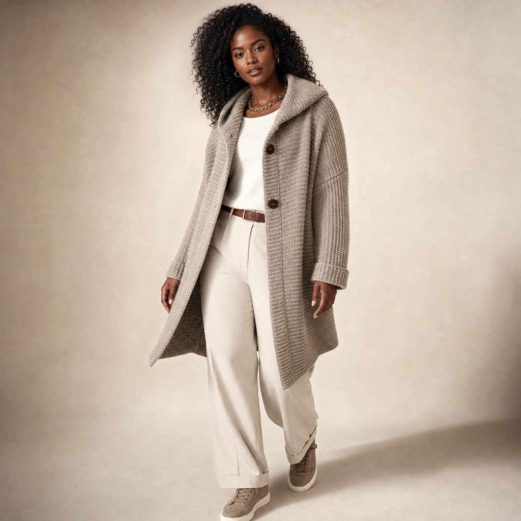 Burghild | Hooded Cardigan Chunky Knit Oversized Light Brown – Side Angle View