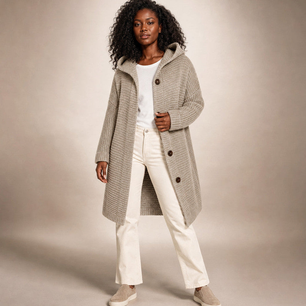 Burghild | Hooded Cardigan Chunky Knit Oversized Light Brown – Full Look