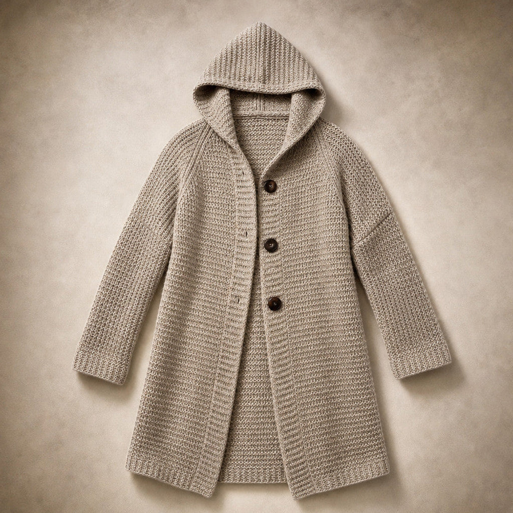 Burghild | Hooded Cardigan Chunky Knit Oversized Light Brown – Product Photo