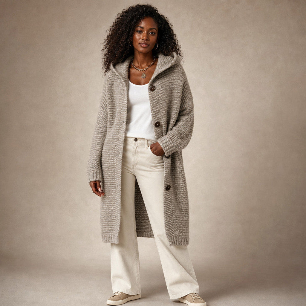 Burghild | Hooded Cardigan Chunky Knit Oversized in Light Brown – Premium Editorial