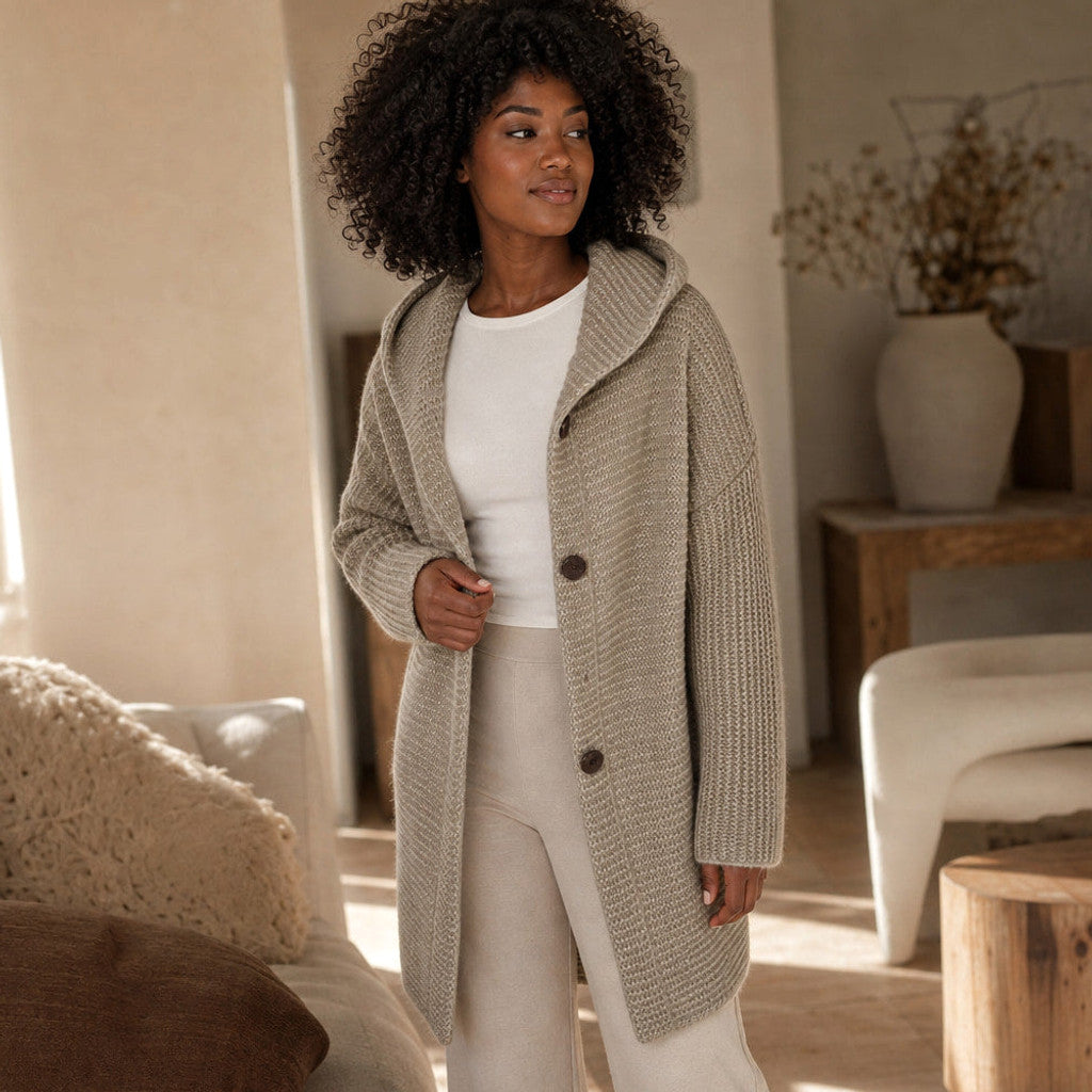 Burghild | Hooded Cardigan Chunky Knit Oversized Light Brown – Styled Editorial Shot