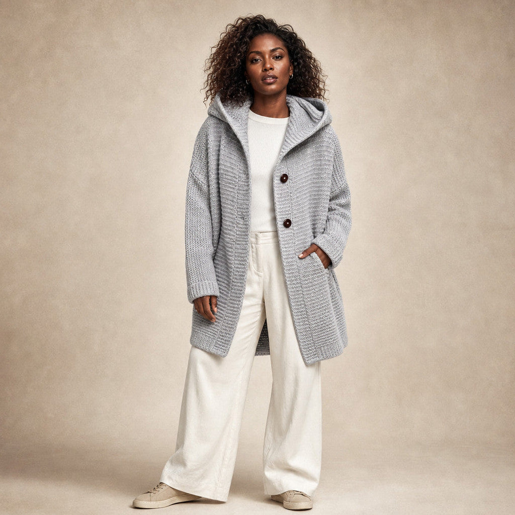 Burghild | Hooded Cardigan Chunky Knit Oversized in Light Gray – Premium Editorial