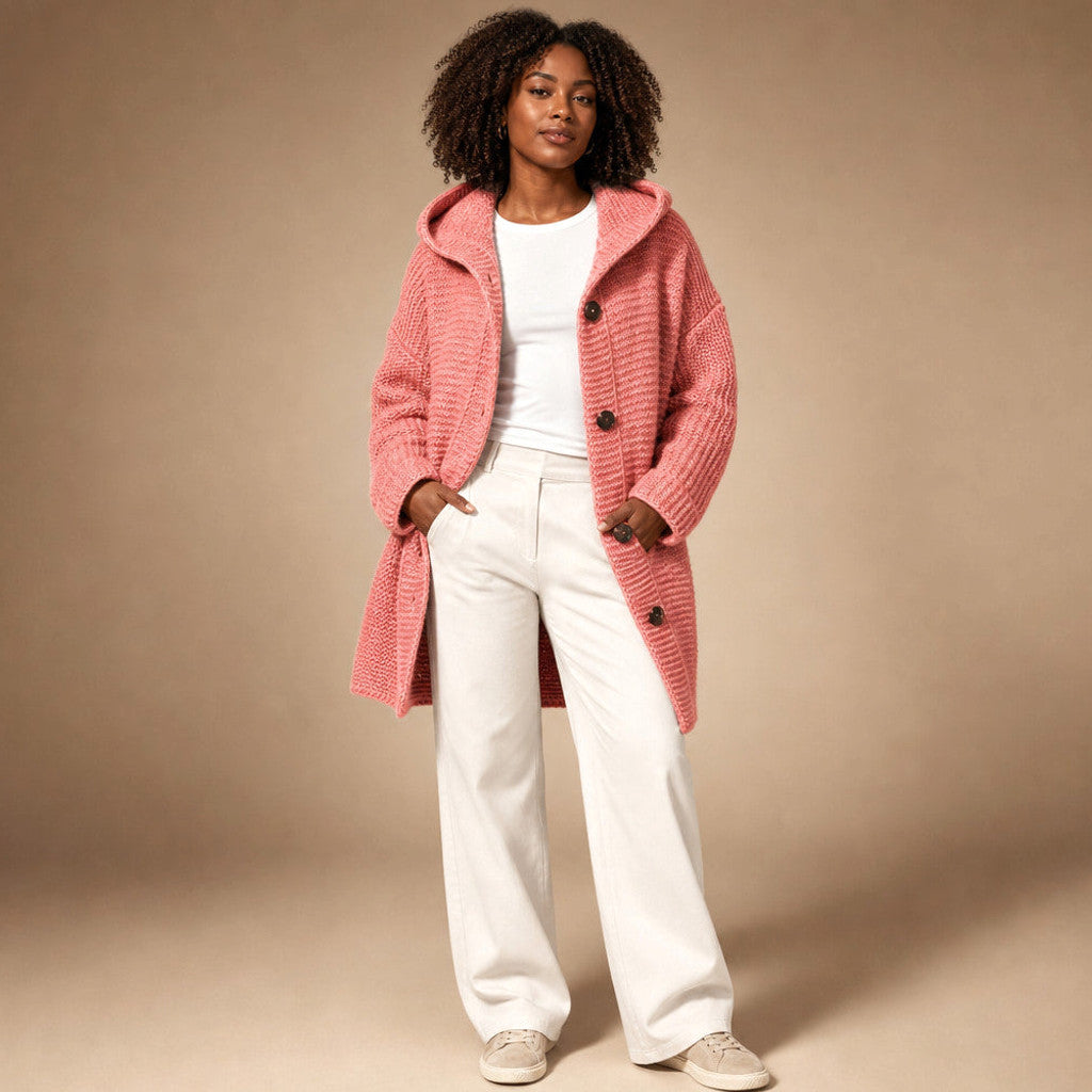 Burghild | Hooded Cardigan Chunky Knit Oversized in Pink – Premium Editorial