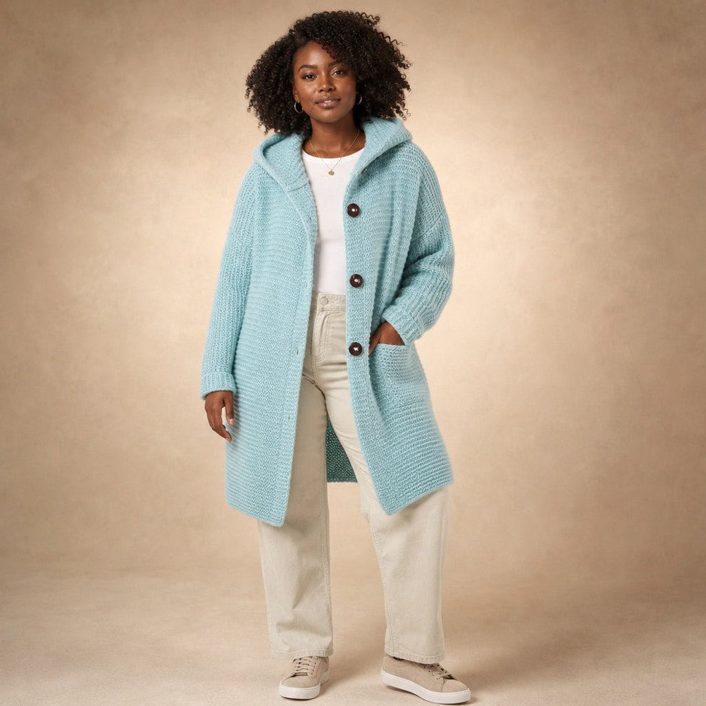Burghild | Hooded Cardigan Chunky Knit Oversized in Turquoise – Premium Editorial