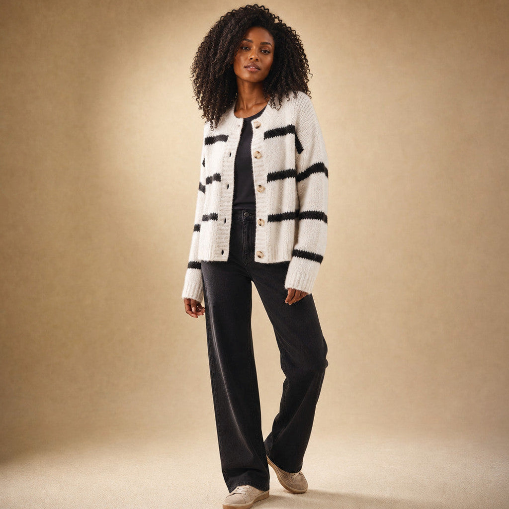 Clarembald | Striped Button-Down Cardigan White White – Side Angle View