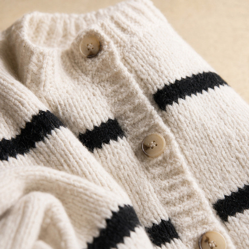 Clarembald | Striped Button-Down Cardigan White White – Fabric and Detail Close-Up
