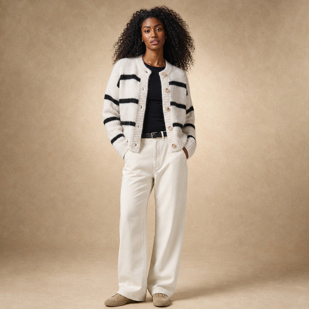 Clarembald | Striped Button-Down Cardigan White White – Full Look