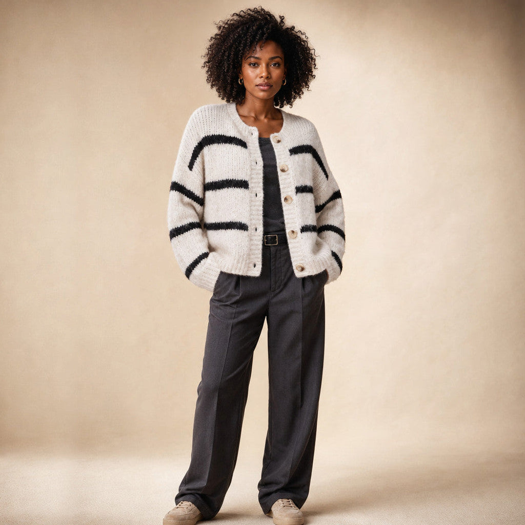 Clarembald | Striped Button-Down Cardigan White in White – Premium Editorial