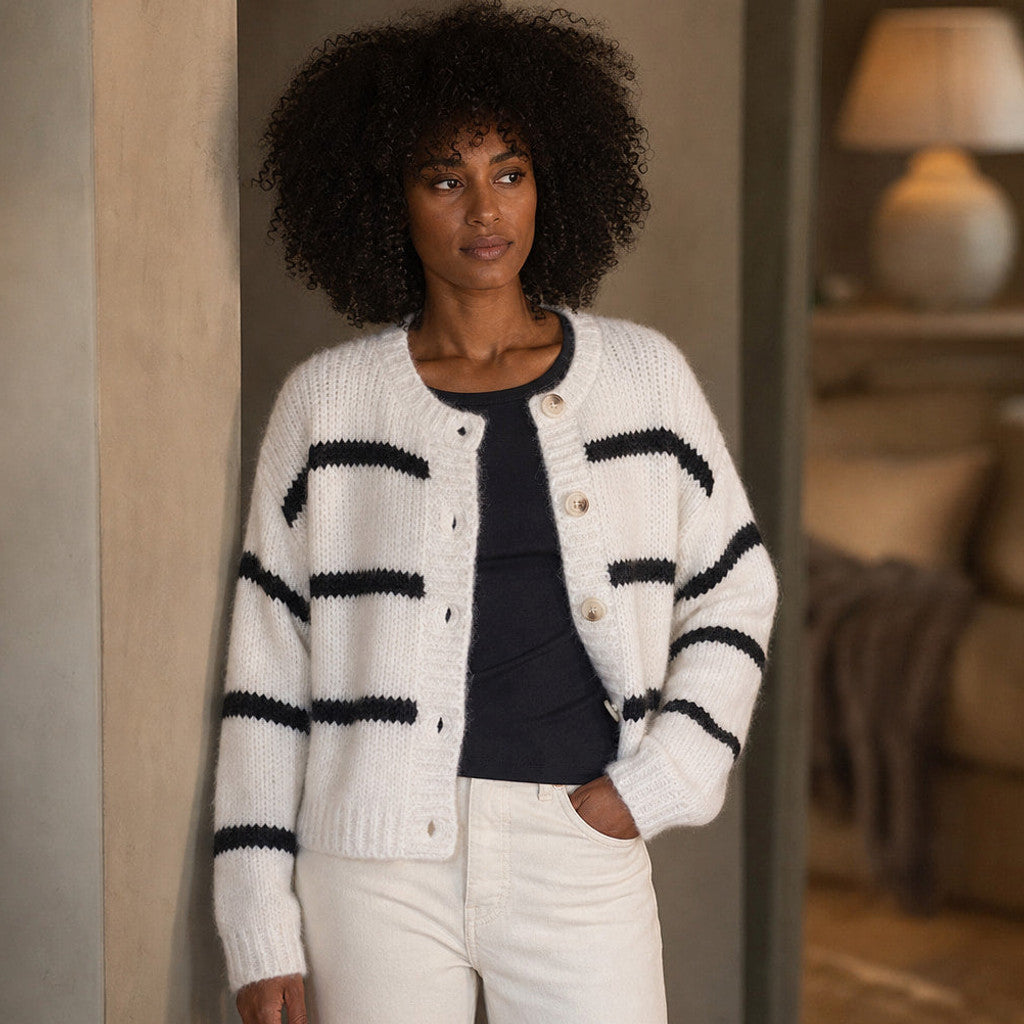 Clarembald | Striped Button-Down Cardigan White White – Styled Editorial Shot