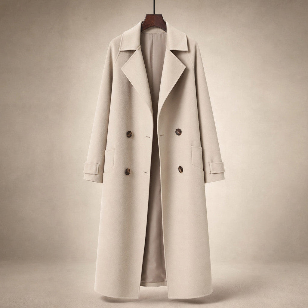 Clariana | Wool Coat Satin-Lined Straight Cut Beige – Product Photo